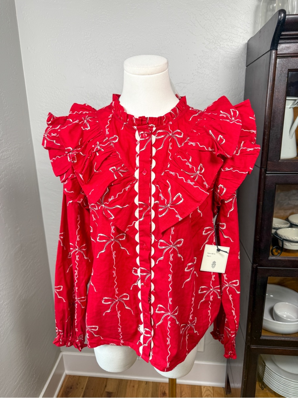 NWT Lea Red Bow Print Ruffle Cotton Blouse Cottagecore Size S